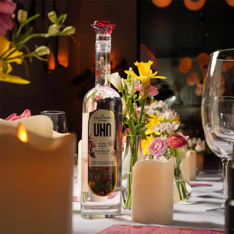 UNA Vodka bottle on table at Bagatelle Miami Beach