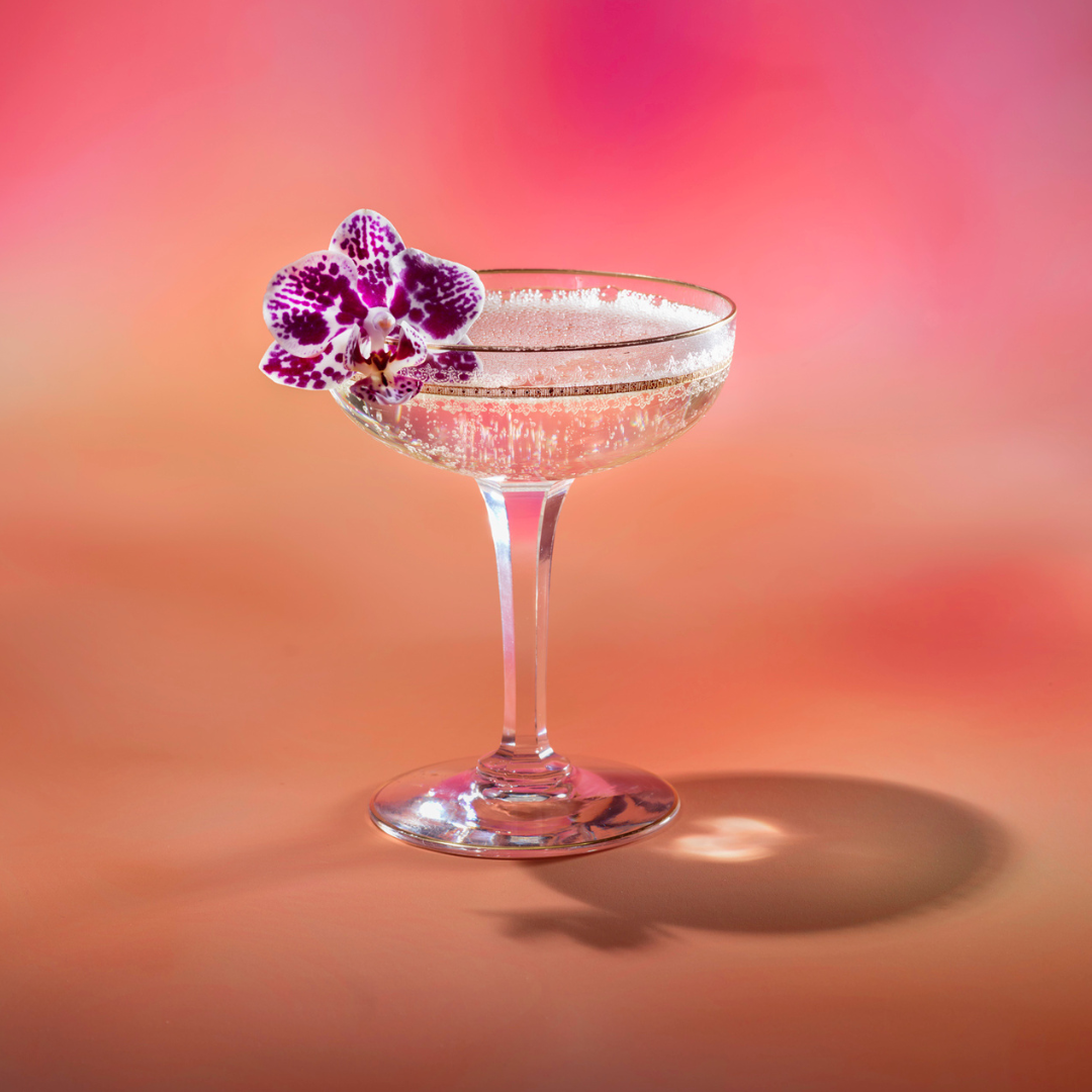 UNA Vodka Pink Charming Cocktail Recipe Bubbly Cocktail with Purple Flower in a Coup Glass on a pink gradient