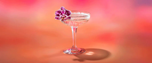 UNA Vodka Blossom Royale Cocktail Recipe Bubbly Cocktail with Purple Flower in a Coup Glass on a pink gradient